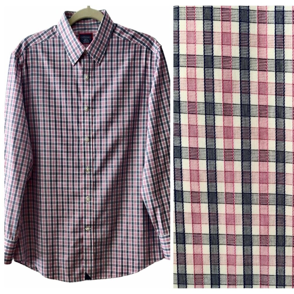 Untuckit Mens Size S Pink Blue Check Plaid Wrinkle Free Long Sleeve Button Shirt